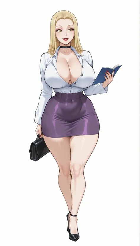 Accurate Jinsuke manga STYLE - Paladin (ビキニ・ウォリアーズ), a beautiful adult bimbo woman with long forehead-parted flat sleek straight yellow-blonde hair, round forehead, big yellow eyes, bimbo plump round-shaped red lips, red nails, big round milf breasts, fair...