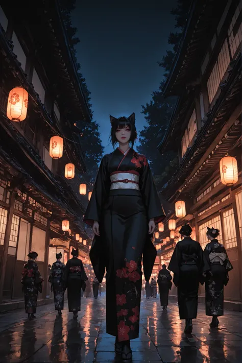 A cat woman, Edo period, A cat woman in a kimono, sneak a look, timid cat woman,from below, Edo period, she is in a dark color kimono, (she is walking at night street at Edo period, old Japanese street , old Japanese houses, lanterns, in background), black...