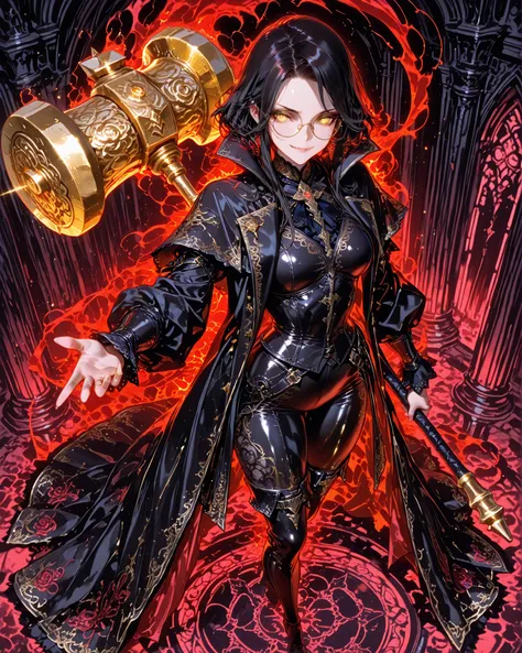 in high angle, A dark fantasy gothic character design inspired by Castlevania. A tall, elegant warrior with short, flowing black hair, yellow eyes, striking facial features, and a mysterious, aristocratic aura, wearing round glasses. Her attire is richly d...