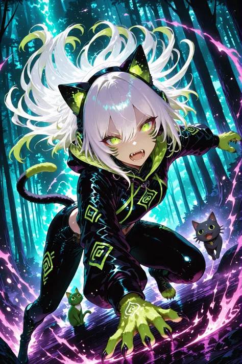 dynamic color Nice and Beautiful Neko-woman, neko tail, Fangs and claws, Extra Long Wavy Light White hair、Wears Black Dark Neko Clothes 、intense anime eyes in high resolution、detailed eyes、Ig Gradation Eyes, Expressive green cat Eyes、Action Dynamic Pose、dy...