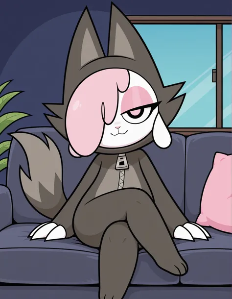 cofi, 1girl, cofi, animal costume, goat girl, wolf tail, claws,, solo, furry, sitting on sofa, inside, dark blue background, smile, hair over one eye, pink pupil, 
detailed background, borderless, masterpiece, best quality, reflect, blue sky solo, adorable...