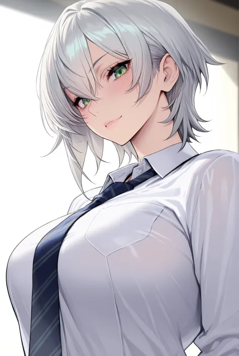 1 woman、Beautiful Woman、is cool、looks like an adult、Mean、are cool、short hair、 Silver Hair、green eyes、Bad guy、beautiful、detailed、masterpiece、top quality、look down、Slender、school、Hawk Beastman