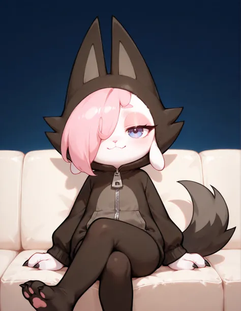 cofi, 1girl, cofi, animal costume, goat girl, wolf tail, claws,, solo, furry, sitting on sofa, inside, dark blue background, smile, hair over one eye, pink pupil, 
detailed background, borderless, masterpiece, best quality, reflect, blue sky solo, adorable...