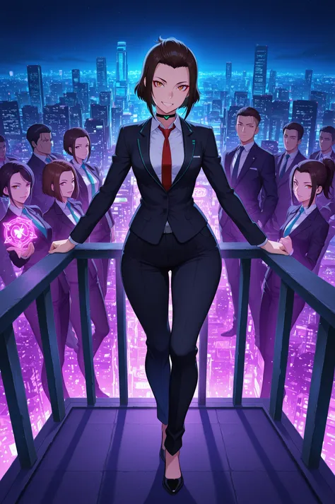 Azula , amber eyes . wavy dark brown hair strands above her shoulders. short hair. small breasts. huge hips. choker. | A crowd of people in suits defying conventions, showcasing strength and individuality. Focus on diverse business attire: tailored jacket...