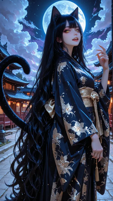 748cmstyle,perfect anatomy, masterpiece, Illustration, ultra details, fine trait, best quality, ultra detailed, 1girl (kimono neko girl), cat tail, smilrk with fangs, claws, very long long wavy black hair, , , nice anime golden eyes, dynamic pose, in nigh...