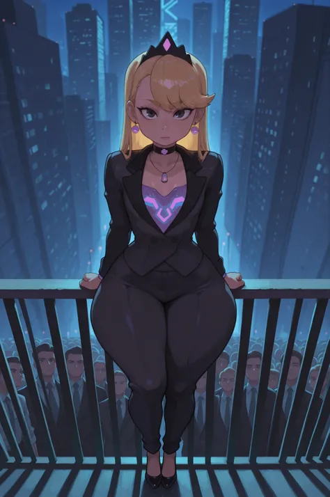 flat breasts. flat chest, skinny, huge hips, looking at viewer, 1o1a, blonde hair, tiara, Black eyes, earrings, necklace, choker. | A crowd of people in suits defying conventions, showcasing strength and individuality. Focus on diverse business attire: tai...