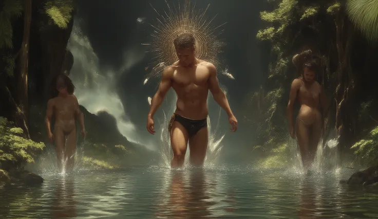 anime style,Baroque Fantasy Realism, watercolor, a guy swims in a lake in the light of the moon, spreads the buttocks of a 17-year-old Brazilian boy, wearing tight slips with a large protruding convex codpiece. Muscular, with round, firm, perfect buttocks,...