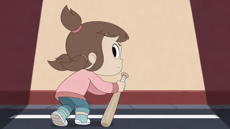 a_ey, 1girl, black eyes, brown hair, bangs, ponytails, high ponytail, elastic band,longsleeve, pants, sneakers, looking at viewer, very serious, baseball bat, very serious, close mount, red Eyes, full body, rear view, spotlight, (z0nkn3w:1), walking, walki...