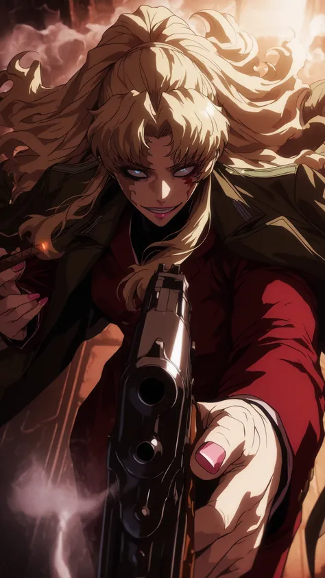  Balalaika, balalaika ( black lagoon) , blue eyes , long blonde hair, Burnt scars on the right side of her face, scar on her face, black eyeliner, pink lips, red long sleeves shirt, coat on shoulders, light pink nails polish,, blood on her face, blood, Smo...