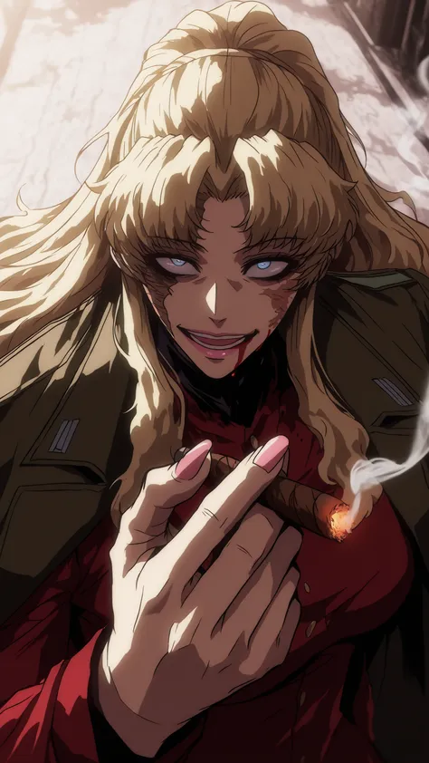  Balalaika, balalaika ( black lagoon) , blue eyes , long blonde hair, Burnt scars on the right side of her face, scar on her face, black eyeliner, pink lips, red long sleeves shirt, coat on shoulders, light pink nails polish,, blood on her face, blood, Smo...