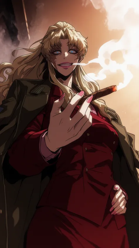  Balalaika, balalaika ( black lagoon) , blue eyes , long blonde hair, Burnt scars on the right side of her face, scar on her face, black eyeliner, pink lips, red long sleeves shirt, red skirt ,coat on shoulders, light pink nails polish,, blood on her face,...