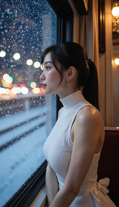 Winter Night Train, cinematic portrait of a transcendental beauty sitting by the window, staring at the snowy Christmas lights shining outside, gentle snow、drifts through festive light. she says 、cool for outdoor use、wearing a ribbed high neck sleeveless ...