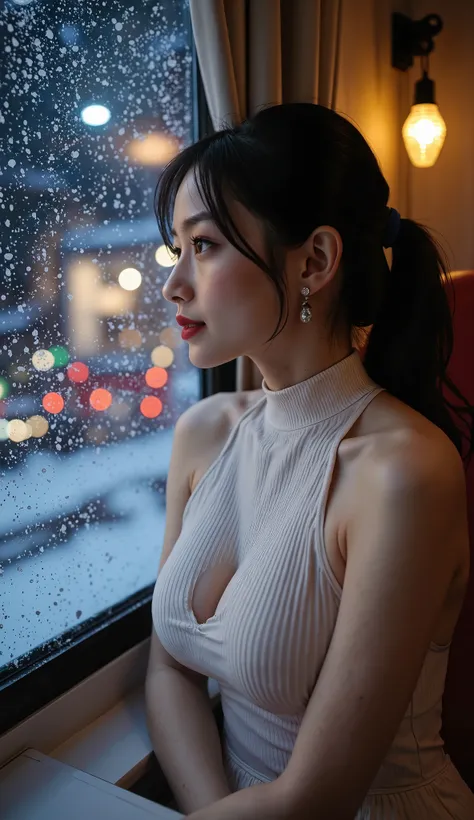 Winter Night Train, cinematic portrait of a transcendental beauty sitting by the window, staring at the snowy Christmas lights shining outside, gentle snow、drifts through festive light. she says 、cool for outdoor use、wearing a ribbed high neck sleeveless ...