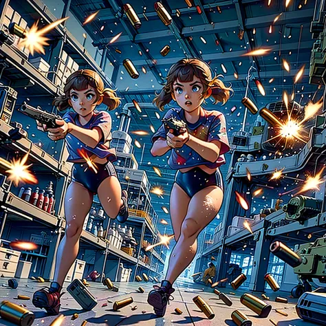  (yellow hair, blue eyes, blunt bangs, twintails) red shirt, black gymnastics bloomers,high leg,self wedgie,,  Jude Smith, Eddy Shinjuku, (((firing, bullet, gun,light particles))), running, highly detailed, high budget Hollywood film, text