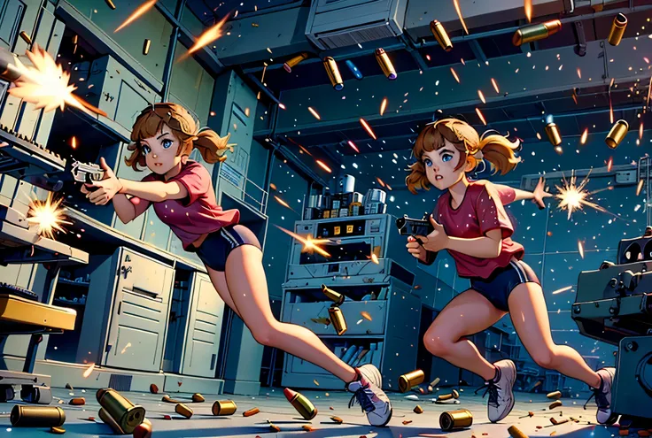  (yellow hair, blue eyes, blunt bangs, twintails) red shirt, black gymnastics bloomers,high leg,self wedgie,,  Jude Smith, Eddy Shinjuku, (((firing, bullet, gun,light particles))), running, highly detailed, high budget Hollywood film, text
