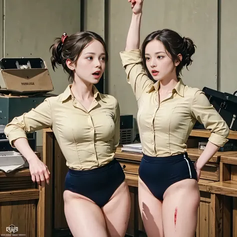 (masterpiece, highest quality),
1girl wearing a black gymnastics bloomers,high leg,self wedgie, white blouse,Victorian blouse, multiple boys, zombie, scared, :o, motion blur, fighting stance, perspective, holding baseball bat, torn clothes, blood, horror ...