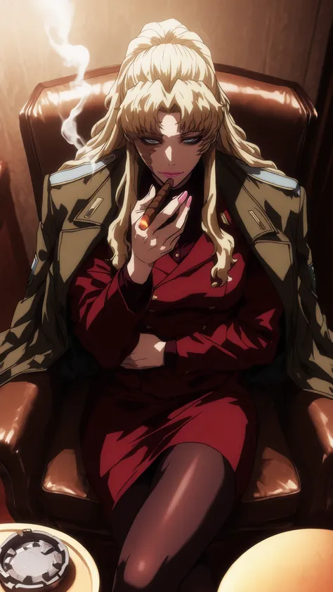  Balalaika, balalaika ( black lagoon) , blue eyes , long blonde hair, Burnt scars on the right side of her face, scar on her face, black eyeliner, pink lips, red long sleeves shirt, red skirt, Black tights,coat on shoulders, light pink nails polish,Legs cr...