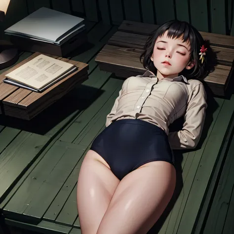 Little girl lying on her back、Girl sleeping on her back、 black gymnastics bloomers,high leg, Deep in the forest、森の中でGirl sleeping on her back、Moonlit Night、Close ~ eyes、Barbara's corpse wearing a black gymnastics bloomers,high leg、white blouse,In the dark ...