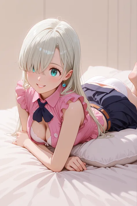 Elizabeth liones:1.3,on stomach,side shot,Photorealistic:1.3,viewers:1,(sleeveless:1.4),”Facing directly forward”, “looking straight into the camera”:1.7,viewers:1.2,happy parted lips smile:1.5,shirt pull:1.3,(navy blue skirt:1.5),navy ribbon tie,Cleavage:...