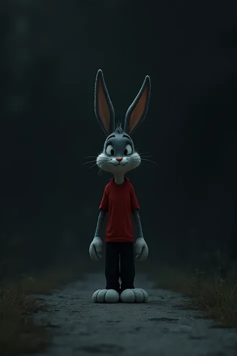 Create an image of Bugs Bunny wearing a red shirt and black pants very sad crying walking alone on a solid path with a dark background