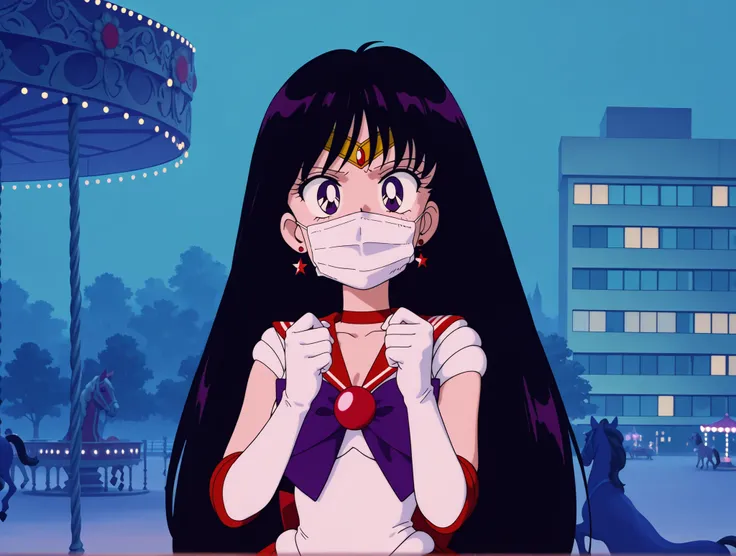masterpiece, amazing quality, best quality, ultra-detailed, 8K, illustration, ultra-detailed-eyes, soft skin, very awa, very as2, soft body, 1990s \(style\), official art, solo, upper body, hino rei, black hair, long hair, purple eyes, parted bangs, small ...