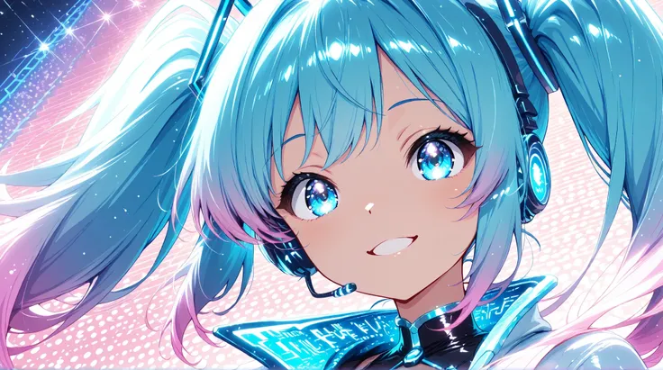 cute futuristic digital singer with long teal twin-tails, soft glowing gradient hair tips, bright shining blue eyes, wearing cyber-style stage outfit with neon lines, headset microphone, smiling, anime style, soft lighting, detailed hair texture, shiny eye...