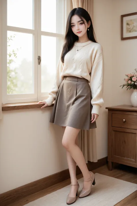 Ultra-realistic digital full body portrait of a young Japanese woman. full body.
She has very long, silky black hair, over her waist. 
Her skin is fair with a healthy glow, giving a clear and luminous impression. 
Her eyes are large and gentle, featuring n...