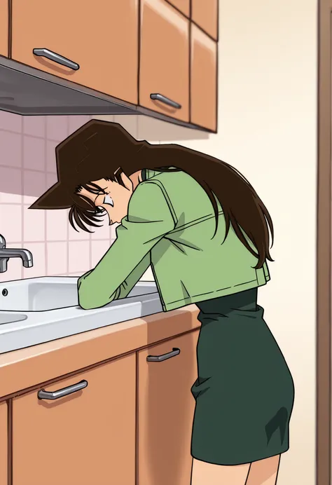 1 girl, Mouri Ran, dark brown hair. Green slim turtleneck style tight dress skirt, green cropped short jacket, kitchen, sink, head in sink, upper body lying face down in sink, thin thighs side view