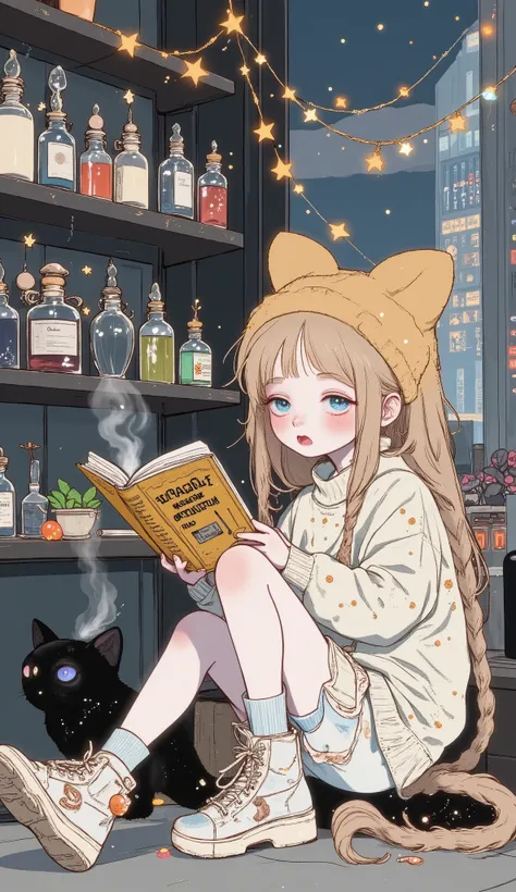 photography, ultra alta resolución, Photo RAW, charming anthropomorphic cat-demon anime reading a book of spells on the, curiously focused expression with large, round eyes and small fangs that peek out, soft cream-colored fur with markings Shaped like con...