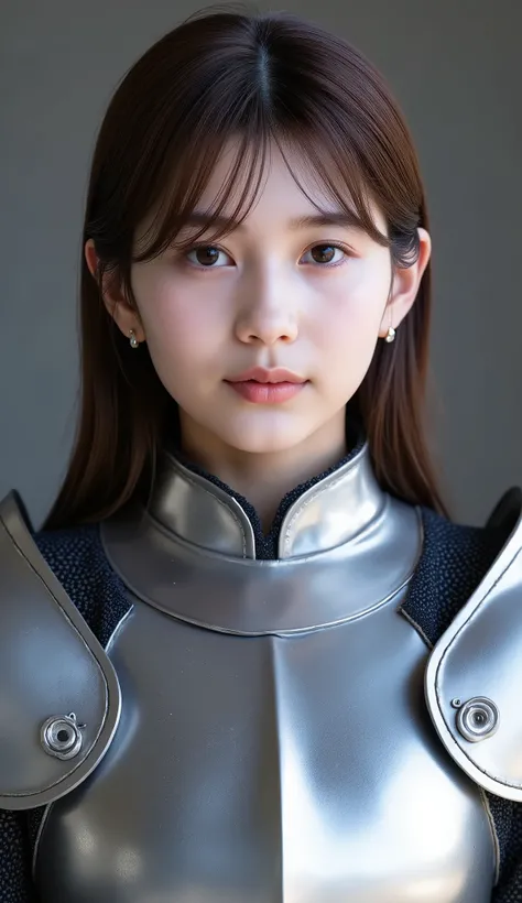 neat young woman wearing luxurious silver armor、、female knight、、漆黒の髪、、ear piercings、looking at camera、looking directly in front、、口を閉じている、への字口、、、face close-up、grey background、