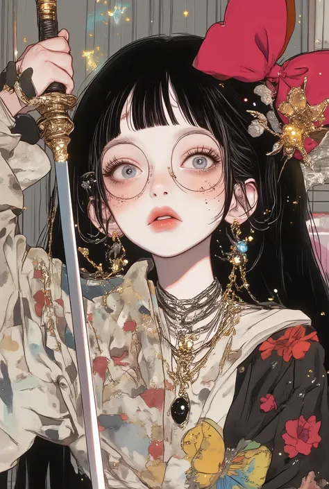 a woman with tattoos holding a sword and wearing a red blouse, has her head tilted down looking at the spectator,  red and fleshy lips ,  Long false eyelashes  , makeup has butterfly earrings in cyan color, silver necklaces with sparkles, has shiny silver ...