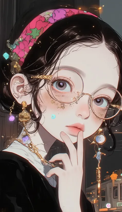 ((a close up of a woman. An elegant and delicate cartoon that slightly exaggerates the hyperrealistic features :1.52, Make it delicate and sensual  :1.5,   accentuating features such as a fleshy and thick mouth  ,   slightly larger eyes made up with bright...