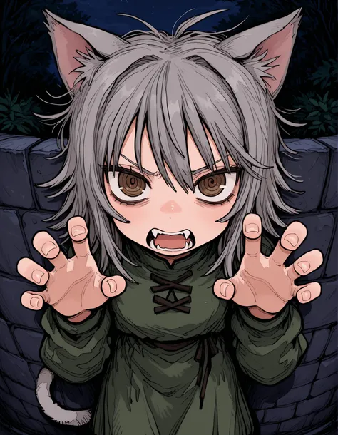 deppa, jaggy lines, hatching (texture), ringed eyes, cartoon,, 1girl, petite, (skinny and frail:0.7), cat girl, against wall, stone wall, brown eyes,looking at viewer, grey hair, medium hair, messy hair, angry, (scared:0.4), (open mouth:0.5), fangs, hands ...