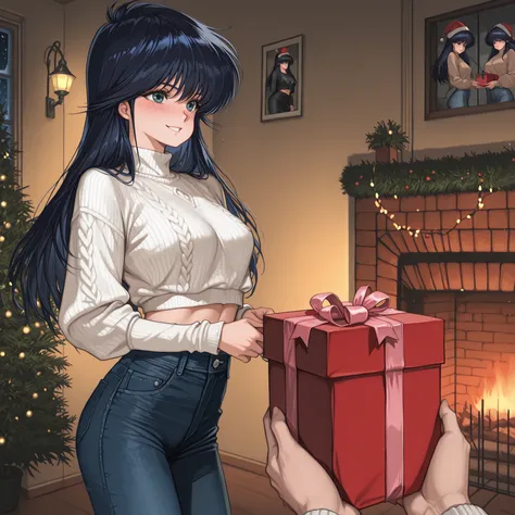 (ayukawa madoka),smile,happy,supprised, (blush),{{masterpiece}}, {{{Highest Quality}}}, {{Super Detailed}}, {{illustration}}, beautiful details,wonderful,Precise Details,very awa,dark blue hair,busty,
white sweater,crop top,skinny jeans,Santa's cap,present...