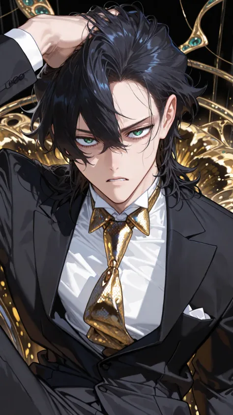 Pull up your hair with your left,wild,Ruthless Expression, thug ,black suit,formal,long sleeve,Black and gold tie, wolf cut,solo,1 male,dandy, beautiful ,strong,Dramatic,anime,  SAFE CONTENT(masterpiece, 最High Quality, High Quality, detailed background, co...