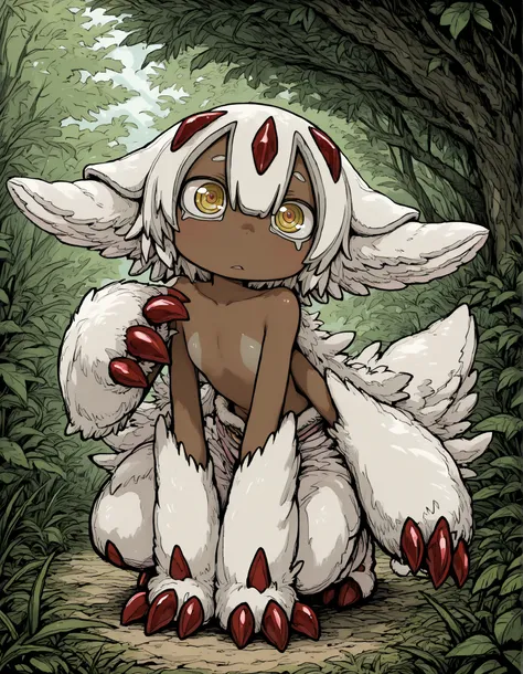 deppa, jaggy lines, hatching (texture), ringed eyes, cartoon,, (masterpiece, best quality, high quality, good quality), solo, 1girl, faputa,, faputa (made in abyss), flat chest tuft of fur, kemonomimi, white fur, dark skin, four arms, red claws, yellow eye...