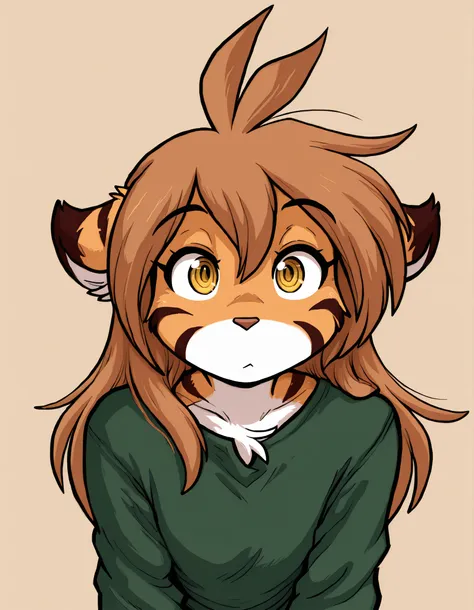 deppa, jaggy lines, hatching (texture), ringed eyes, cartoon,, furry, solo, flora-twokinds, flora_twokinds,, tiger, striped fur, keidran, yellow eyes, anthro, simple background,,, green shirt