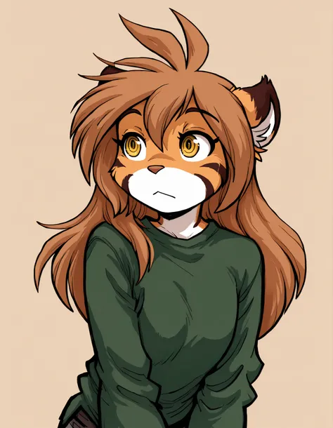 deppa, jaggy lines, hatching (texture), ringed eyes, cartoon,, furry, solo, flora-twokinds, flora_twokinds,, tiger, striped fur, keidran, yellow eyes, anthro, simple background,,, green shirt
