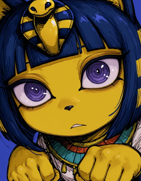 deppa, jaggy lines, hatching (texture), ringed eyes, cartoon,, depth of field, 1girl, furry, ankha \(animal crossing\), expressionless, eye reflection, yellow background, yellow theme, blue background, desert,, purple eyes, glowing eyes, wide-eyed, paw pos...