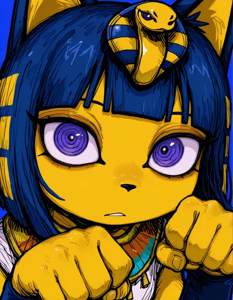 deppa, jaggy lines, hatching (texture), ringed eyes, cartoon,, depth of field, 1girl, furry, ankha \(animal crossing\), expressionless, eye reflection, yellow background, yellow theme, blue background, desert,, purple eyes, glowing eyes, wide-eyed, paw pos...