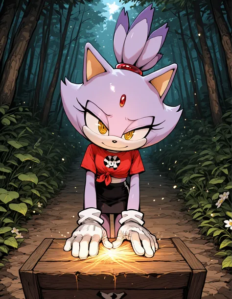 deppa, jaggy lines, hatching (texture), ringed eyes, cartoon,, solo, 1girl, blaze the cat, furry, shiny skin, short stack, white gloves, black miniskirt, midriff, red checkered knotted top, tied shirt, BREAK smile, smug, BREAK night, forest background, (mo...