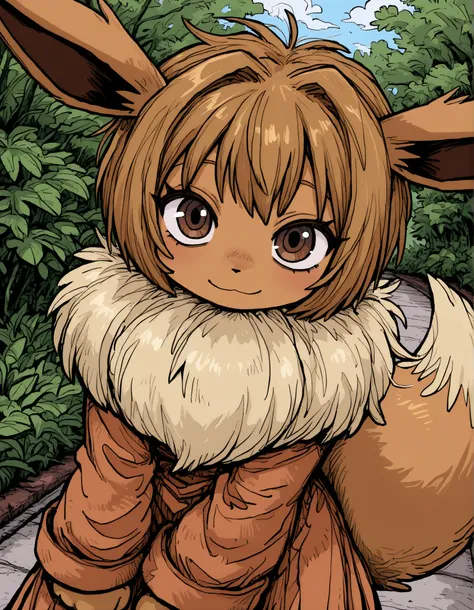 deppa, jaggy lines, hatching (texture), ringed eyes, cartoon,, pokekid, eevee, fluffy girl, furry girl, female, smile, smiling, has a big pretty bow in her hair, has animal paws for hands, 1girl, best quality, outdoors, high definition, cute,