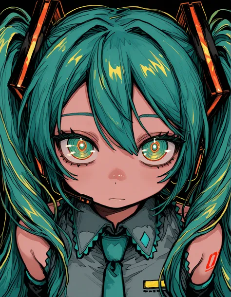 deppa, jaggy lines, hatching (texture), ringed eyes, cartoon,, Hatsune Miku, limited palette, black background, colorful, vibrant, glowing outline, neon, blacklight, looking at viewer, masterpiece, very aesthetic