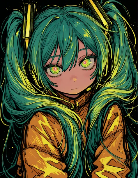 deppa, jaggy lines, hatching (texture), ringed eyes, cartoon,, Hatsune Miku, limited palette, black background, colorful, vibrant, glowing outline, neon, blacklight, looking at viewer, masterpiece, very aesthetic