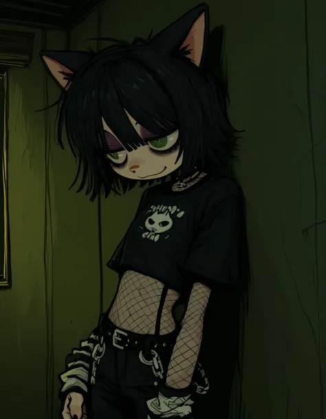 deppa, jaggy lines, hatching (texture), ringed eyes, cartoon,, volumetric_lighting, chiaroscuro_lighting, vibrant, shaders, against_the_wall, arched_back, 1girl, interior, solo, detailed, furry, cat, skinny, smug, ((cute_clothes, emo, fishnets)), white_fur...