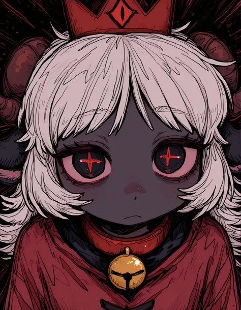 deppa, jaggy lines, hatching (texture), ringed eyes, cartoon,, masterpiece, best quality, very aesthetic, 1girl, solo, cult of the lamb, sheep girl, collar, horizontal pupils, red/black eyes, red crown