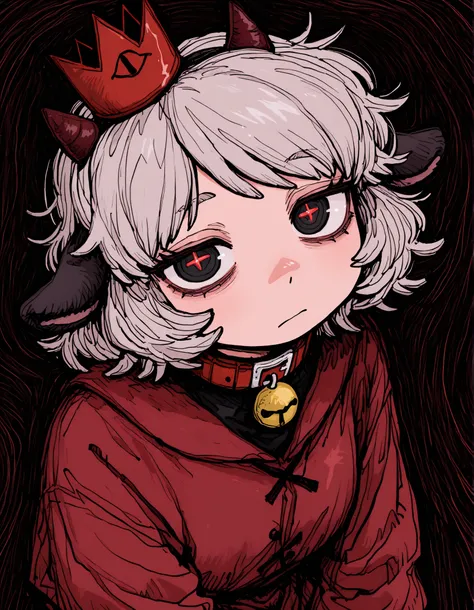 deppa, jaggy lines, hatching (texture), ringed eyes, cartoon,, masterpiece, best quality, very aesthetic, 1girl, solo, cult of the lamb, sheep girl, collar, horizontal pupils, red/black eyes, red crown