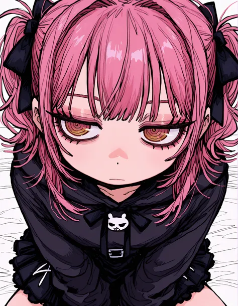 deppa, jaggy lines, hatching (texture), ringed eyes, cartoon,, eyelashes, 1girl,  solo,  jitome, narrowed eyes, expressionless, messy hair, jirai kei, short dress, skirt, black hoodie, makeup, pink hair bow