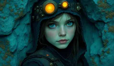 Neo-expressionism, painterly look, detailed, intricate, subdued colors, fantasy, imaginative and expressive styles, dreamy mood, ethereal, texturized, layered, girl, head lamp, cave, darkness, ilumate, by Karin Kuhlmann