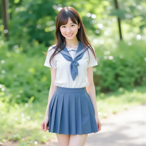  sailor suit 、The background is a park on a sunny day、My whole body covered in liquid is shown、dark brown beautiful hair、Top Japanese Idol's Slim Slender Body、smile、round face、F-cup milk、super clear focus、thin waist、she is standing、The body is facing obliq...